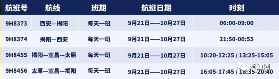 从潮汕机场到西安、宜昌、太原的机票价格均低至240元